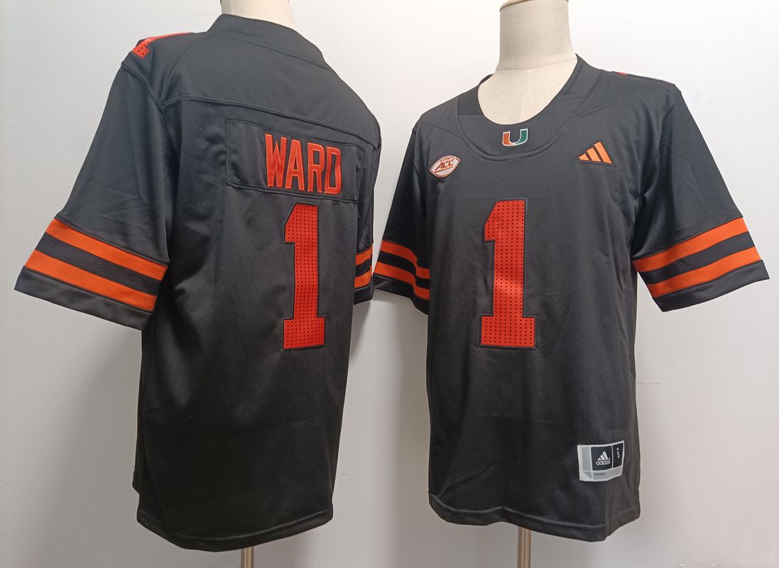 Men Miami Hurricanes #1 Ward Black 2025 NCAA Jersey